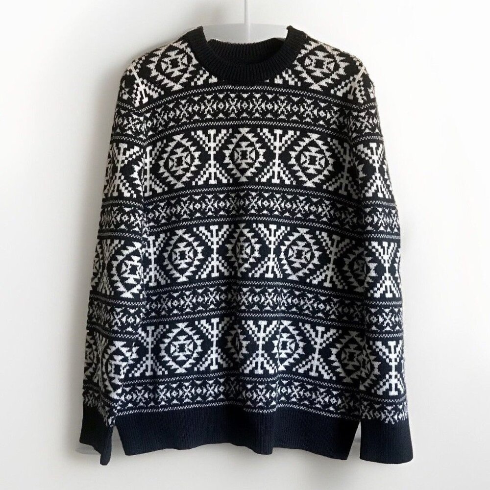 H&M Men's Knit Sweater Size Medium‎ Black White Wool Winter Holiday Fair Isle